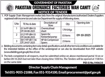 Pakistan Ordnance Factories Wah Cantt Tender Notice